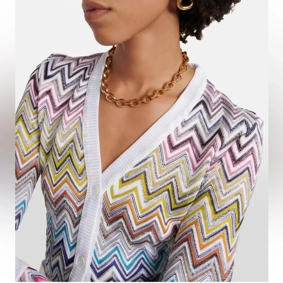 Missoni ZigZag Knit Cardigan Sweater Top 2025 White Crochet Chevron Multicolor - Picture 9 of 16